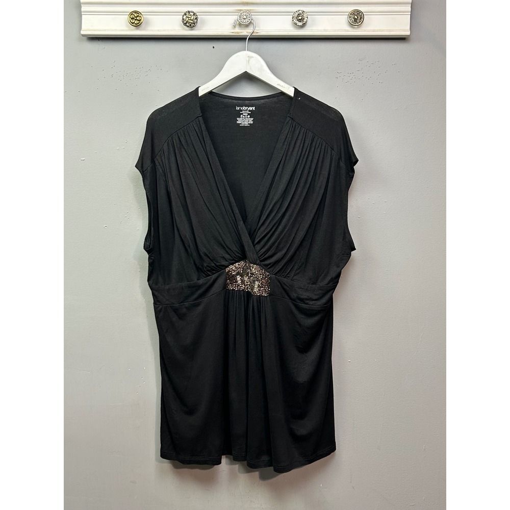 Lane Bryant Black Ruched V Neck‎ Embellished Tunic Top Plus Size 22 24